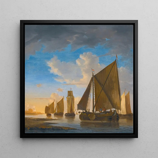 Petits navires dans un calme près de la côte au coucher du soleil - Hendrick Jacobsz Dubbels