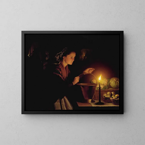 Myyntitori hetken kynttilänvalossa - Petrus van Schendel — kehystetty taideteos seinällä