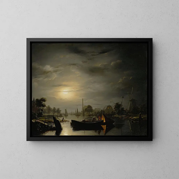 Un paysage fluvial au clair de lune argenté - Petrus van Schendel — kehystetty taideteos seinällä