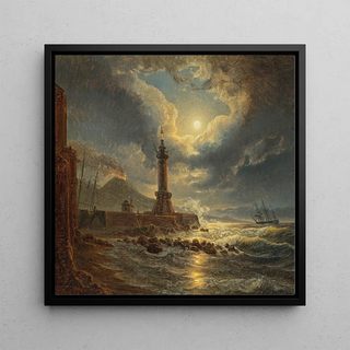 Phare dans le port de Naples au clair de lune - Joseph Rebell
