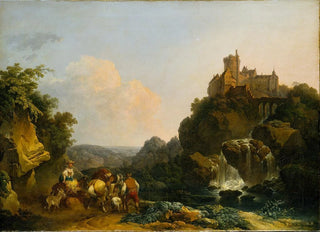 Philip James de Loutherbourg - Landscape with Waterfall Castle and Peasants.webp