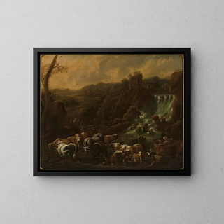 Bétail au bord de la cascade - Philipp Peter Roos — kehystetty taideteos seinällä