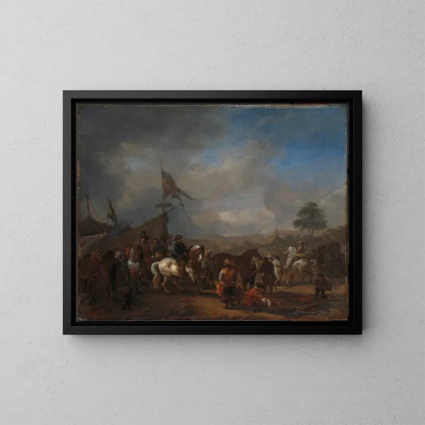 Hevosnäyttely sotilaskentän lähellä - Philips Wouwerman — kehystetty taideteos seinällä
