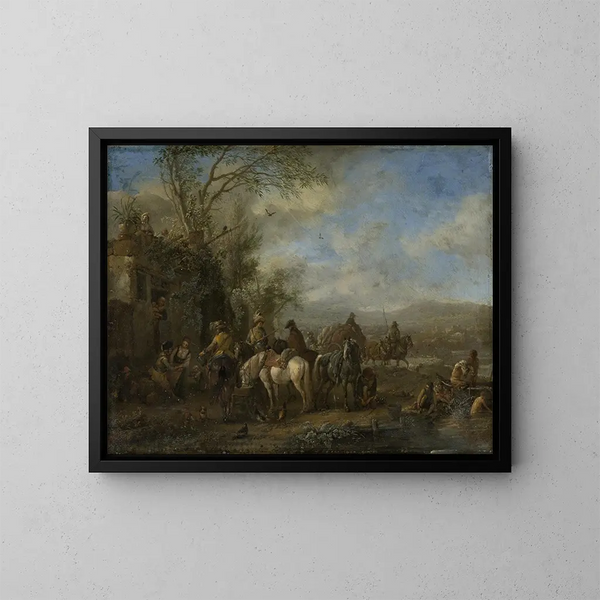 Cavaliers armés devant une auberge - Philips Wouwerman — kehystetty taideteos seinällä