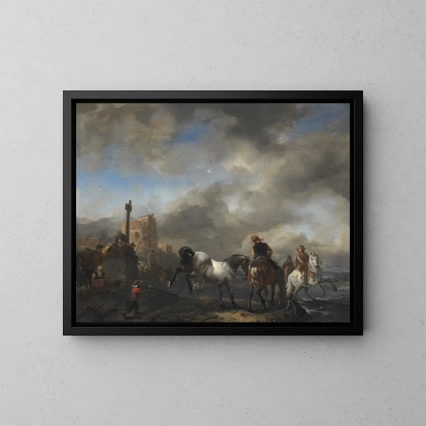 Hevoslammi lähellä rajakiveä - Philips Wouwerman — kehystetty taideteos seinällä