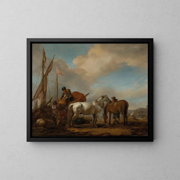 Hevoset maisemassa hahmojen lastatessa olkia veneeseen - Philips Wouwerman — kehystetty taideteos seinällä