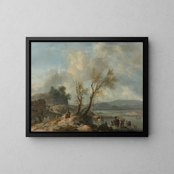 Maisema hiekkatien kanssa joen rannalla - Philips Wouwerman — kehystetty taideteos seinällä