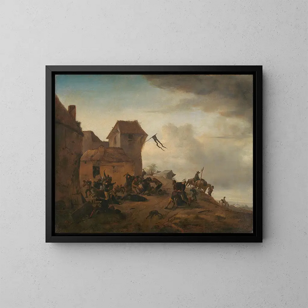 Maalausmaalaus taisetuloste Paysans se battant près d'un village - Philips Wouwerman — kehystetty taideteos seinällä