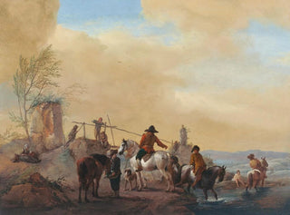 Ratsuja ja hevosia lepäämässä lähellä jokea - Philips Wouwerman — näkymä teoksesta