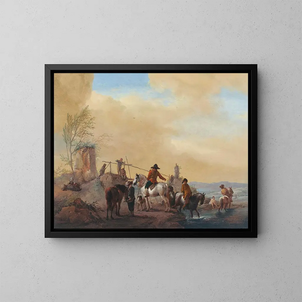 Ratsuja ja hevosia lepäämässä lähellä jokea - Philips Wouwerman — kehystetty taideteos seinällä