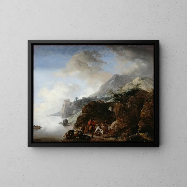 Matkustajat odottamassa lautaa - Philips Wouwerman — kehystetty taideteos seinällä