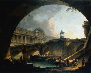 Caprice architectural d'un palais inspiré du Louvre et du Pont Neuf s'encadrant dans l'arc d'un pont - Pierre-Antoine Demachy — näkymä teoksesta