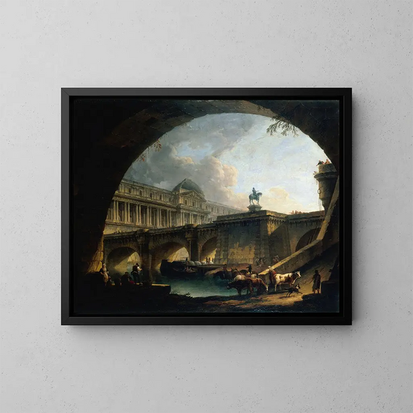 Caprice architectural d'un palais inspiré du Louvre et du Pont Neuf s'encadrant dans l'arc d'un pont - Pierre-Antoine Demachy — kehystetty taideteos seinällä