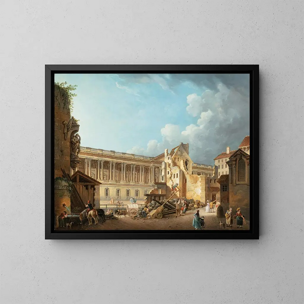 Le dégagement de la colonnade du Louvre lors de la démolition des ruines de l'Hôtel du Petit Bourbon - Pierre-Antoine Demachy — kehystetty taideteos seinällä