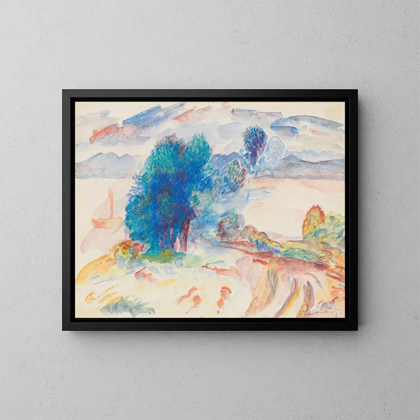 Puita veden äärellä ja purjevene - Pierre-Auguste Renoir — kehystetty taideteos seinällä