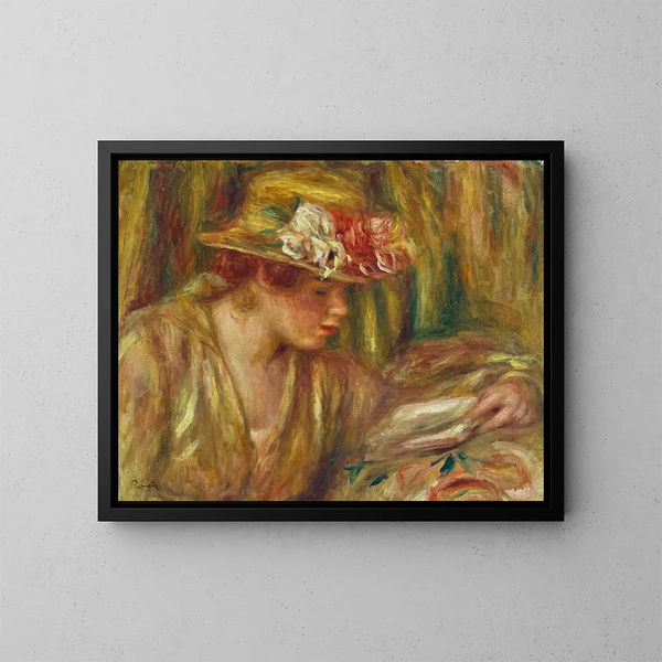 Naisen pää, jossa hattu ja lukemassa, pää kääntynyt oikealle - Pierre-Auguste Renoir — kehystetty taideteos seinällä