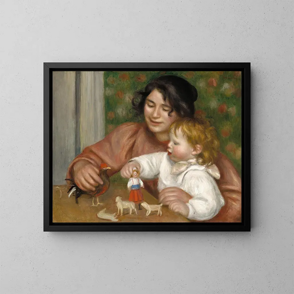 Lasten maalaus leluilla, Gabrielle ja taiteilijan Jean - Pierre-Auguste Renoirin poika — kehystetty taideteos seinällä