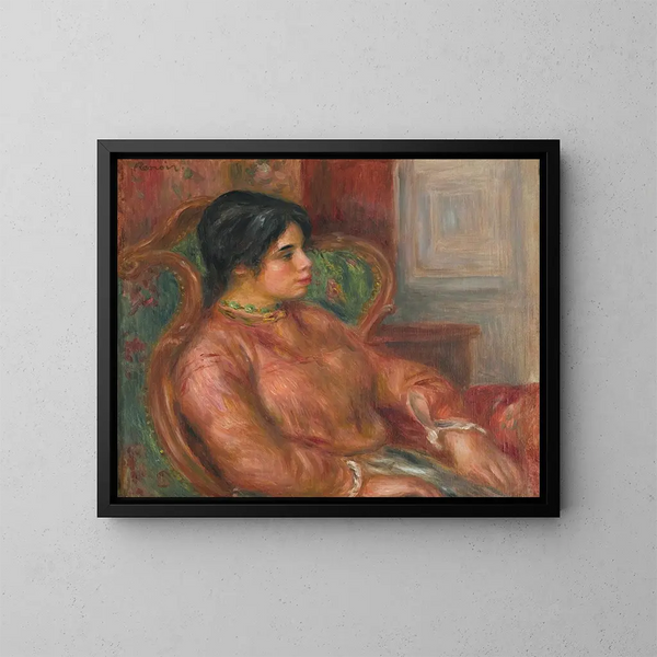 Nainen vihreässä tuolissa - Pierre-Auguste Renoir — kehystetty taideteos seinällä