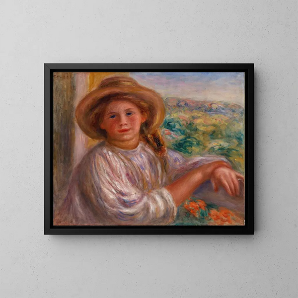 Nuori nainen parvekkeella, Cagnes - Pierre-Auguste Renoir — kehystetty taideteos seinällä
