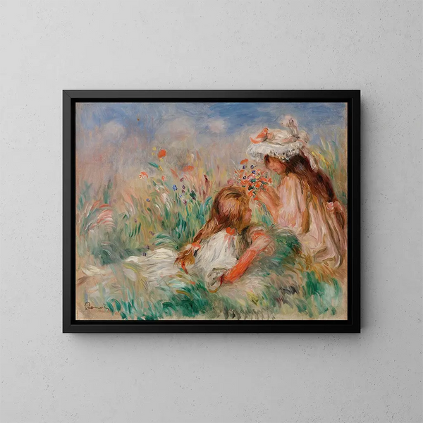 Tytöt nurmella järjestämässä kimppua - Pierre-Auguste Renoir — kehystetty taideteos seinällä