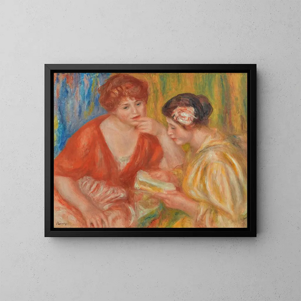 La Lecture. Kaksi naista punaisissa ja vaaleanpunaisissa korseteissa - Pierre-Auguste Renoir — kehystetty taideteos seinällä