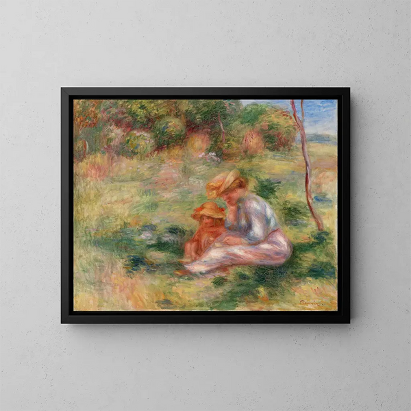 Naisten ja lapsen nurmikossa - Pierre-Auguste Renoir — kehystetty taideteos seinällä