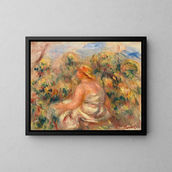 Nainen hatun kanssa maisemassa - Pierre-Auguste Renoir — kehystetty taideteos seinällä