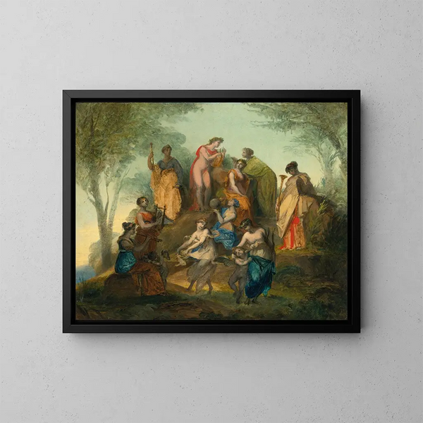 Apollon ja yhdeksän muusan kanssa Parnassuksen vuorella - Pierre-Paul Prud'hon — kehystetty taideteos seinällä