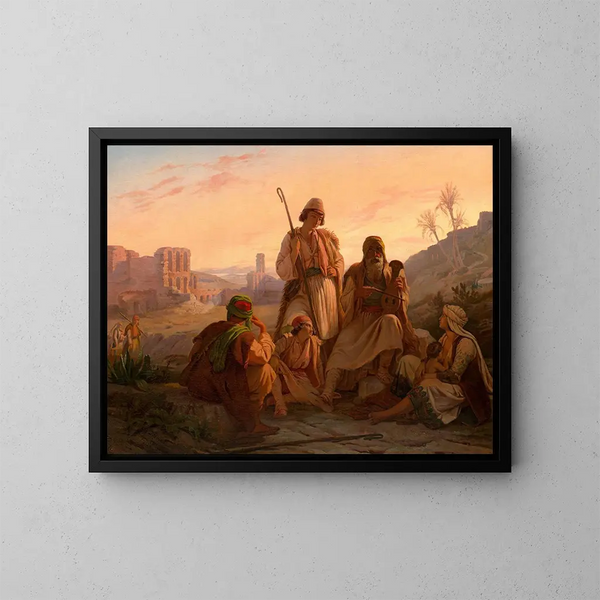 La prière du soir des bergers dans les ruines du théâtre d'Hérode Atticus au pied de l'Acropole d'Athènes - Pierre Bonirote — kehystetty taideteos seinällä