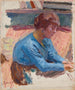 Naiskuva mietteliäs sinisessä korsetissa - Pierre Bonnard — näkymä teoksesta