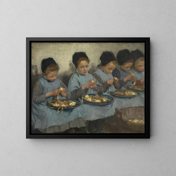 Filles de ferme épluchant des pommes de terre - Pierre Jacques Dierckx — kehystetty taideteos seinällä