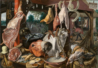 Pieter Aertsen - A Meat Stall with the Holy Family Giving Alms The Butchers Stall.webp