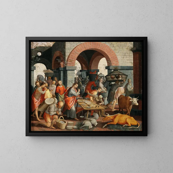 Jeesus ajamassa kauppiaita temppelissä - Pieter Aertsen — kehystetty taideteos seinällä