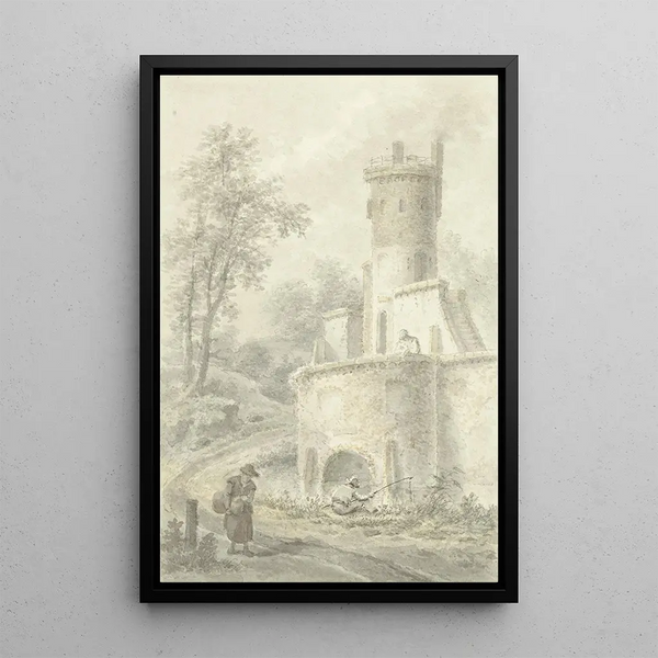 Pieter Bartholomeusz Barbiers - Landschap met hengelaar en wandelende vrouw bij een vestingtoren.webp