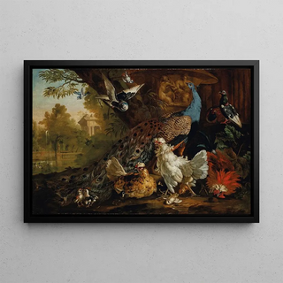 Pieter Casteels III - A peacock chickens pigeons and other birds in a landscape.webp