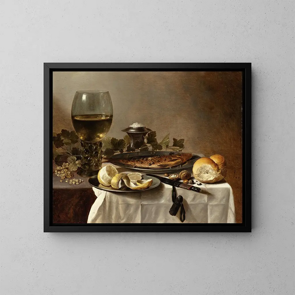 luonnonkuvaus harjasta, viinistä ja leivästä - Pieter Claesz — kehystetty taideteos seinällä
