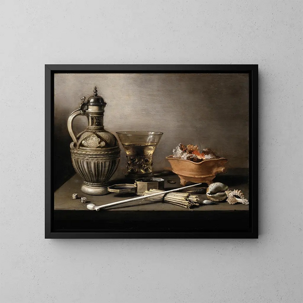 luonnonkuvasta, jossa on saviastia, berkemeyer-lasi ja tupakointivälineitä - Pieter Claesz — kehystetty taideteos seinällä