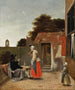 Un homme fumant et une femme buvant dans une cour - Pieter de Hooch — näkymä teoksesta