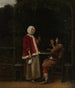 Nainen ja kaksi miestä pergolassa - Pieter de Hooch — näkymä teoksesta
