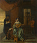 Sisätilanteesta, jossa nainen soittaa lutua ja mies soittaa viulua - Pieter de Hooch — näkymä teoksesta