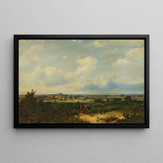 Pieter Lodewijk Francisco Kluyver - Extensive landscape with a church in the distance.webp