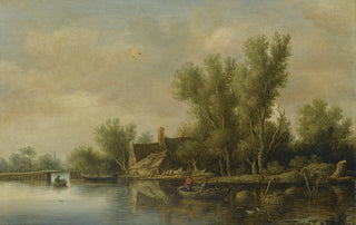Pieter de Neyn - A River Estuary With Two Peasants Fishing In A Rowing Boat Near A Farmhouse.webp