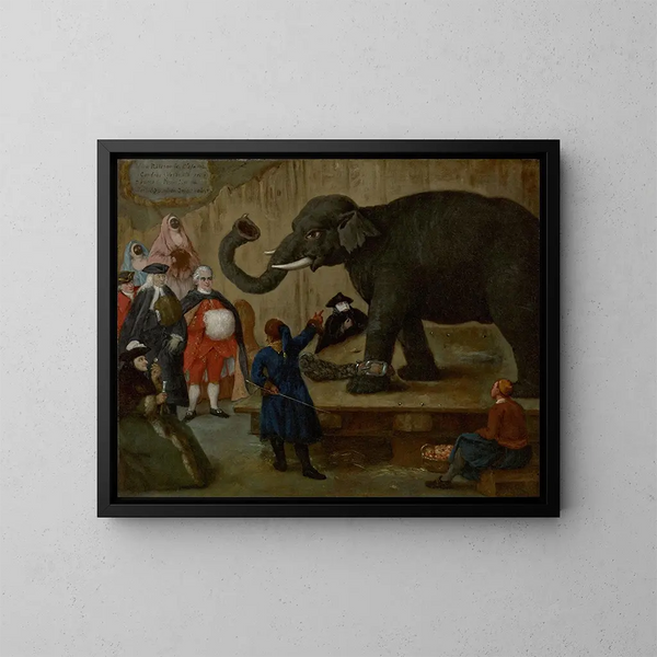 L:n Elefantinäyttelyn - Pietro Longhi — kehystetty taideteos seinällä