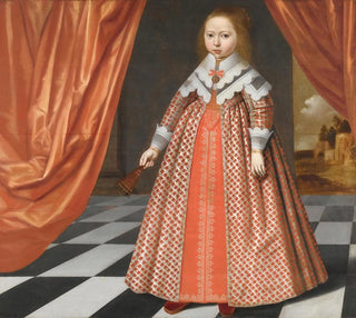 Dutch School - A Portrait Of A Young Girl By A Draped Red Curtain A Landscape Beyond.webp