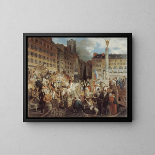 Le duc d'Orléans se rendant à l'hôtel de ville traverse la place du Châtelet le 31 juillet 1830 - Prosper Lafaye — kehystetty taideteos seinällä