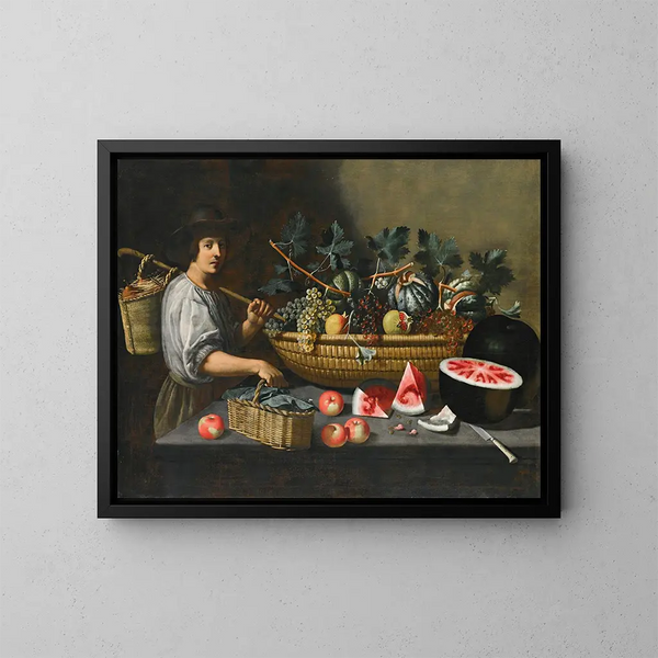 Viinirypäleiden, meloneiden ja granaattien still-life kivireunalla, jossa vasemmalla hahmo kantaa korillista - Pseudo Pietro Paolo Bonzi — kehystetty taideteos seinällä