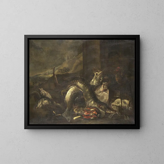Still life with fish - R. van Burgh — kehystetty taideteos seinällä