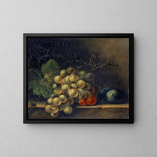 Luonnollinen kuolema viinirypäleillä, kivellisillä hedelmillä ja kärpäsen - Rachel Ruysch — kehystetty taideteos seinällä