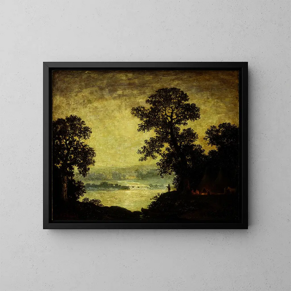 Intiaanikylä kuutamossa - Ralph Albert Blakelock — kehystetty taideteos seinällä