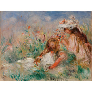 Reproduction Fillette couchée sur l'herbe et jeune fille arrangeant un bouquet - Pierre-Auguste Renoir